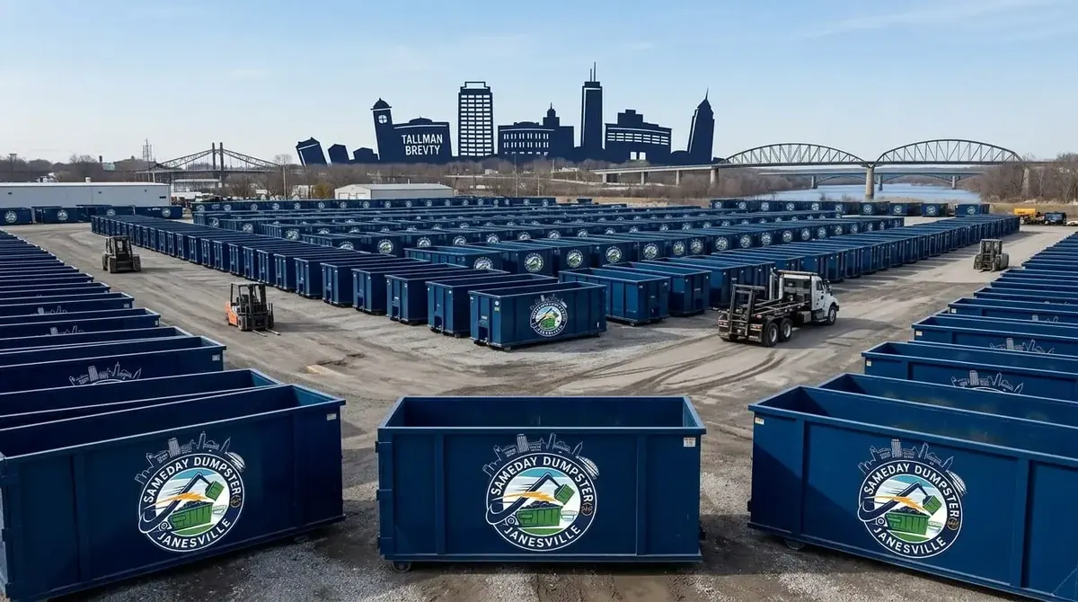 Serving Rock County and south-central Wisconsin Sameday Dumpster Janesville containers staged at the yard on Adel Street, Janesville